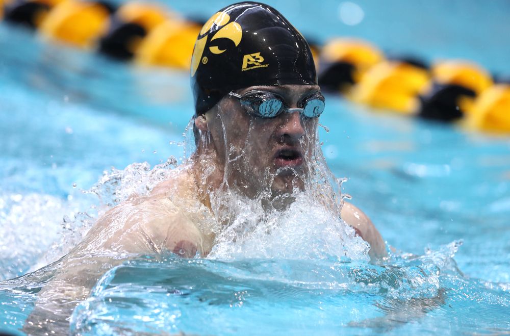 Iowa's Caleb Babb competes in the 200-yard breaststroke during the 2019 Big Ten Men's Swimming and Diving Championships Saturday, March 2, 2019 at the Campus Wellness and Recreation Center. (Brian Ray/hawkeyesports.com)