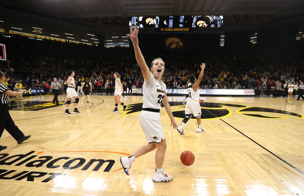 Iowa Hawkeyes guard Kathleen Doyle (22) celebrates their win over the Purdue Boilermakers Sunday, January 27, 2019 at Carver-Hawkeye Arena. (Brian Ray/hawkeyesports.com)