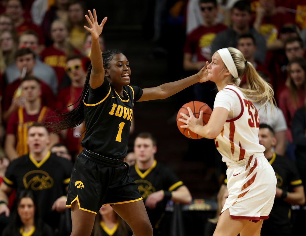 Iowa Hawkeyes guard Tomi Taiwo (1) against the Iowa State Cyclones Wednesday, December 11, 2019 at Hilton Coliseum in Ames, Iowa(Brian Ray/hawkeyesports.com)