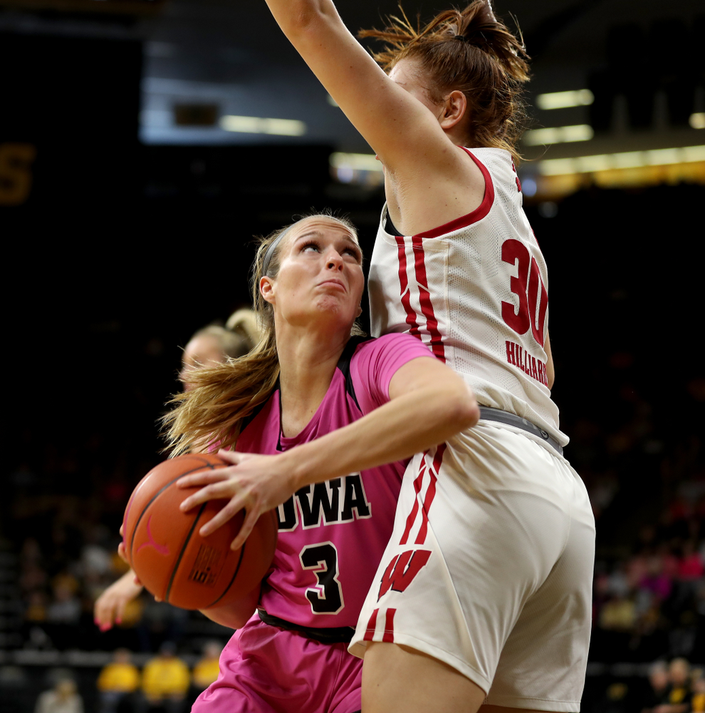 Iowa Hawkeyes guard Makenzie Meyer (3) against the Wisconsin Badgers Sunday, February 16, 2020 at Carver-Hawkeye Arena. (Brian Ray/hawkeyesports.com)