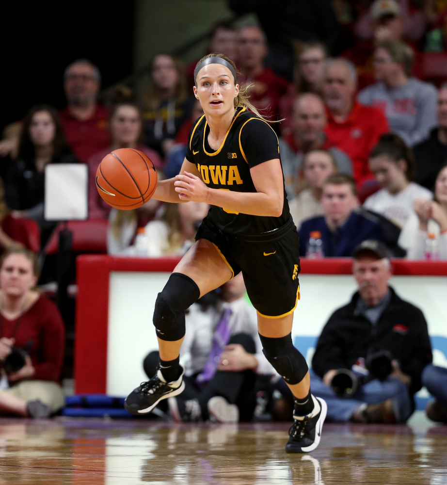 Iowa Hawkeyes guard Makenzie Meyer (3) against the Iowa State Cyclones Wednesday, December 11, 2019 at Hilton Coliseum in Ames, Iowa(Brian Ray/hawkeyesports.com)