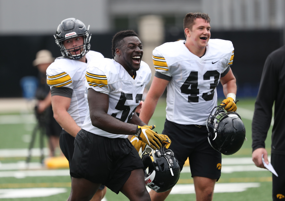 Iowa Hawkeyes linebacker Amani Jones (52) and linebacker Dillon Doyle (43) during practice No. 4 of Fall Camp Monday, August 6, 2018 at the Hansen Football Performance Center. (Brian Ray/hawkeyesports.com)