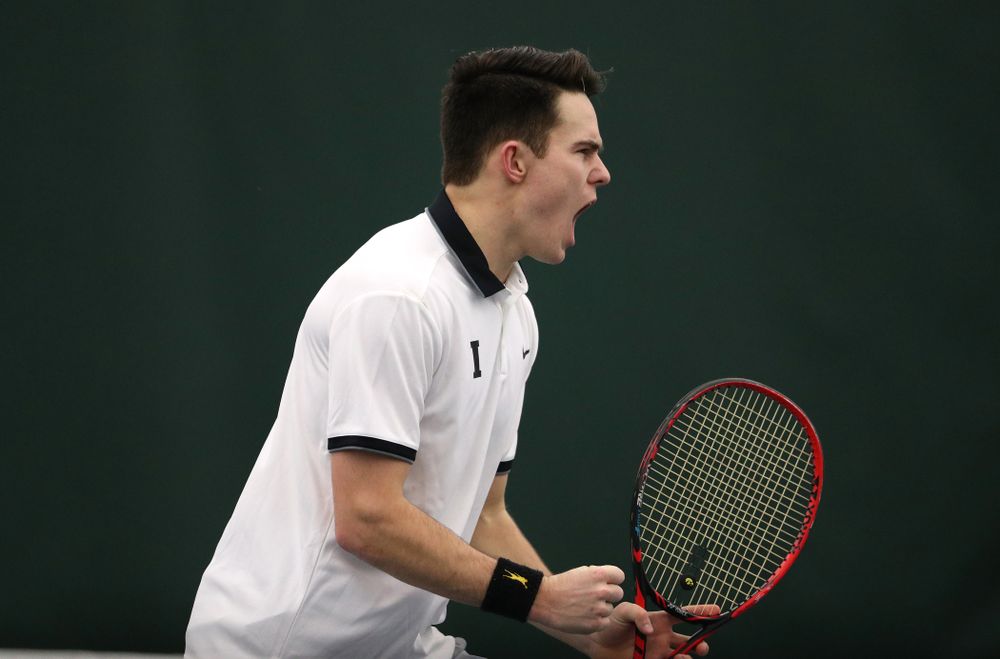 Iowa's Jonas Larson during a doubles match against Western Michigan Saturday, January 19, 2019 at the Hawkeye Tennis and Recreation Complex. (Brian Ray/hawkeyesports.com)