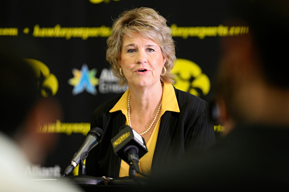 Iowa head coach Lisa Bluder answers questions during Iowa Women’s Basketball Media Day at Carver-Hawkeye Arena in Iowa City on Thursday, Oct 24, 2019. (Stephen Mally/hawkeyesports.com)