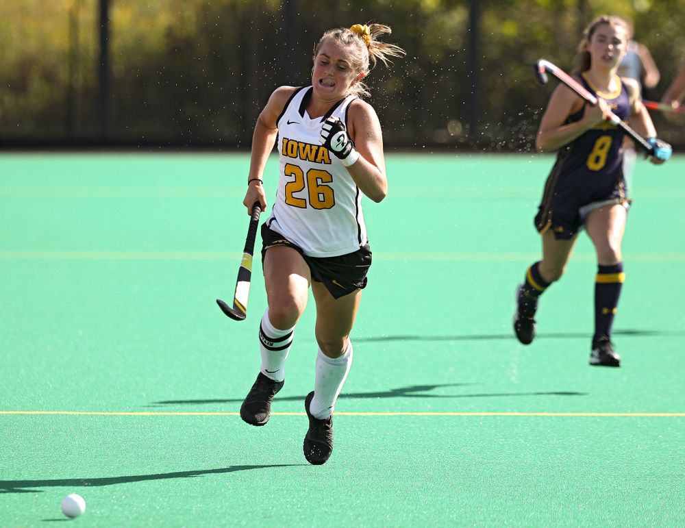 Iowa’s Maddy Murphy (26) eyes the ball as she tries to chase it down during the third quarter of their game at Grant Field in Iowa City on Friday, Sep 13, 2019. (Stephen Mally/hawkeyesports.com)