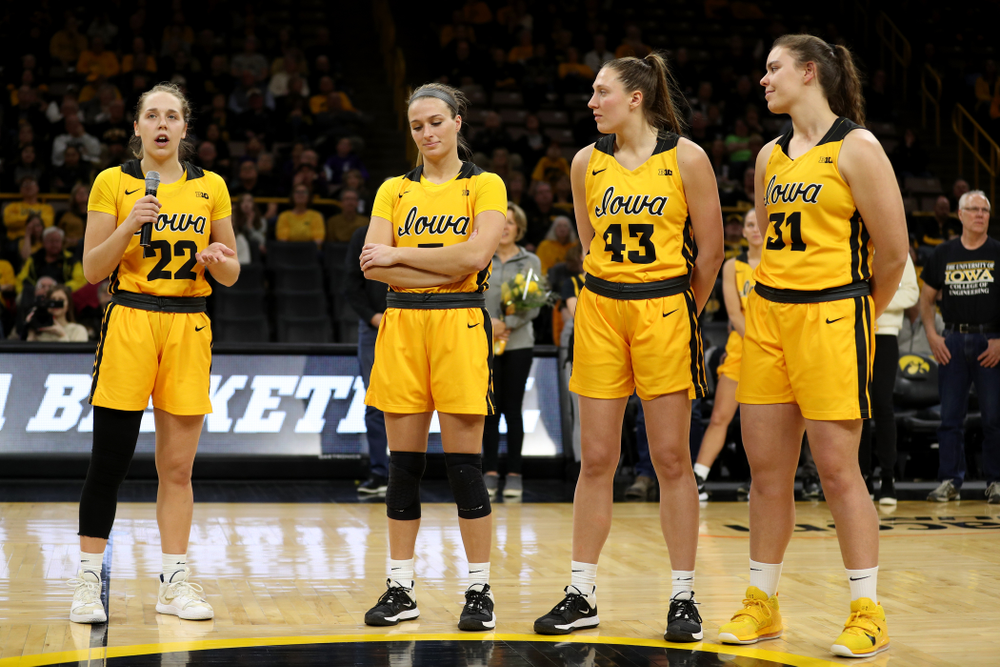 Iowa Hawkeyes guard Kathleen Doyle (22) during senior day activities following their win over the Minnesota Golden Gophers Thursday, February 27, 2020 at Carver-Hawkeye Arena. (Brian Ray/hawkeyesports.com)