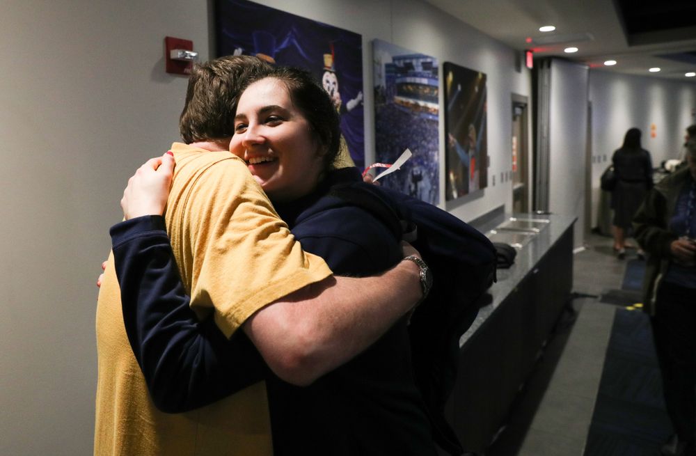 Iowa Hawkeyes forward Megan Gustafson (10) receives US Basketball Writers Association Ann Meyers Drysdale Player of the Year award from Ann Meyers Drysdale during a news conference Friday, April 5, 2019 at Amalie Arena in Tampa, FL. (Brian Ray/hawkeyesports.com)