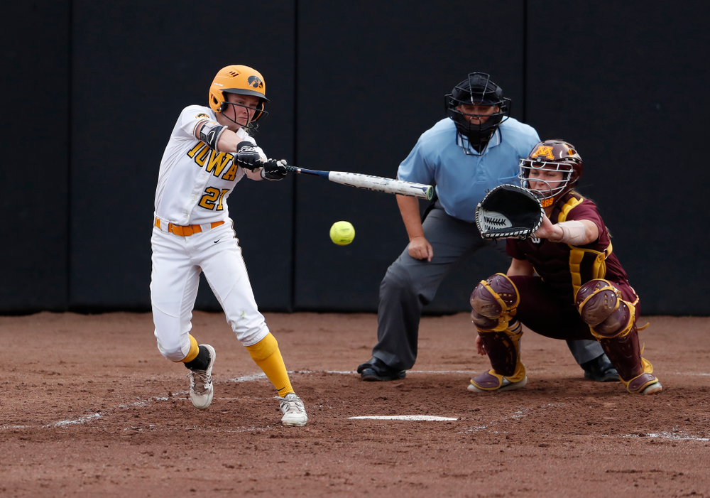 Iowa Hawkeyes outfielder Cheyenne Pratt (27) against the Minnesota Golden Gophers Thursday, April 12, 2018 at Bob Pearl Field. (Brian Ray/hawkeyesports.com)