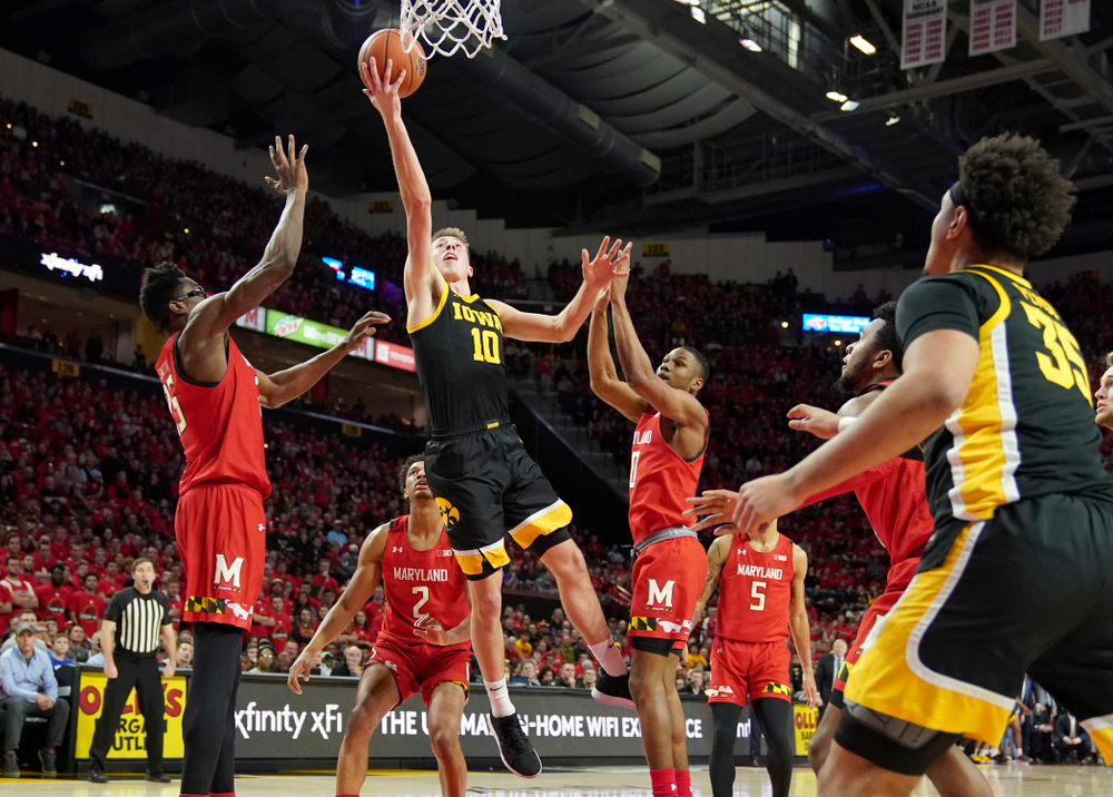 Iowa Hawkeyes guard Joe Wieskamp (10) puts up a shot during their game at the Xfinity Center in College Park, MD on Thursday, January 30, 2020. (University of Maryland Athletics)