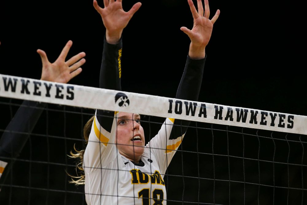 Iowa Hawkeyes middle blocker Hannah Clayton (18) against Coastal Carolina Friday, September 20, 2019 at Carver-Hawkeye Arena. (Lily Smith/hawkeyesports.com)
