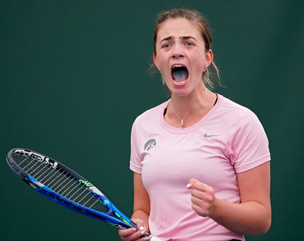 Iowa's Sophie Clark celebrates during a match against Purdue at the Hawkeye Tennis and Recreation Complex in Iowa City on Friday, Mar. 29, 2019. (Stephen Mally/hawkeyesports.com)
