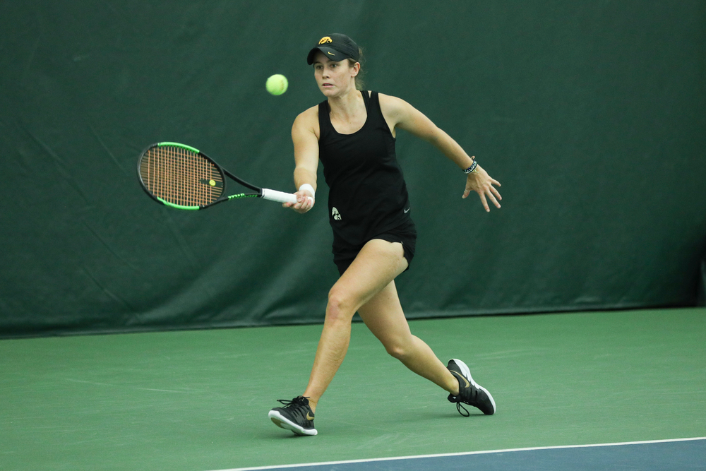 Iowa’s Elise van Heuvelen during the Iowa women’s tennis meet vs DePaul on Friday, February 21, 2020 at the Hawkeye Tennis and Recreation Complex. (Lily Smith/hawkeyesports.com)