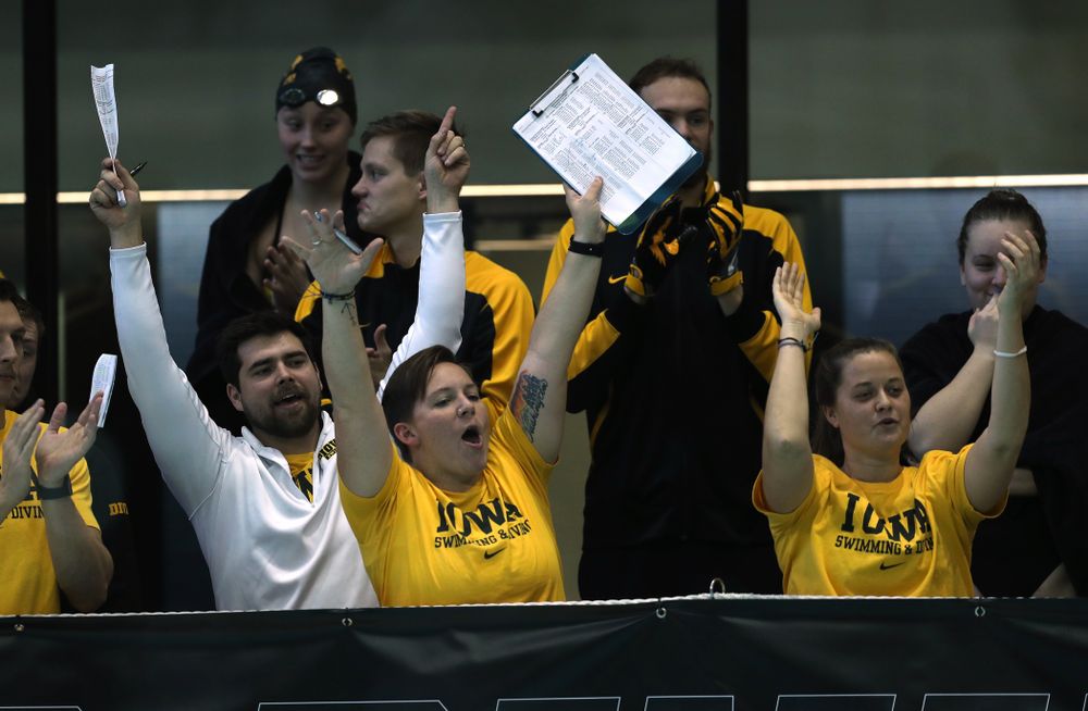 Iowa Hawkeye assistant coaches Sarah Stockwell-Gregson and Ashley Dell Thursday, November 15, 2018 during the 2018 Hawkeye Invitational at the Campus Recreation and Wellness Center. (Brian Ray/hawkeyesports.com)