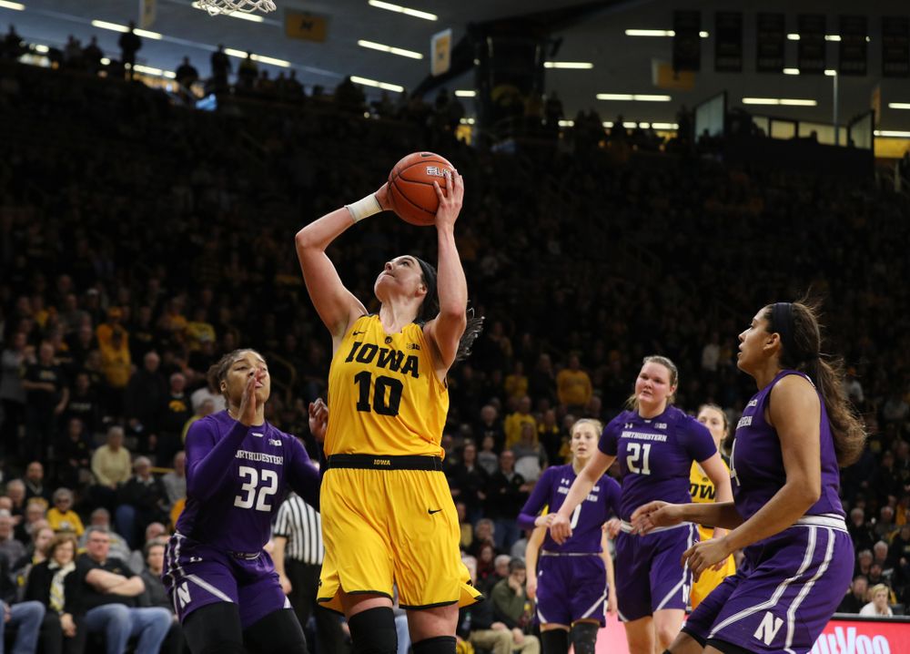 Iowa Hawkeyes forward Megan Gustafson (10) against the Northwestern Wildcats Sunday, March 3, 2019 at Carver-Hawkeye Arena. (Brian Ray/hawkeyesports.com)
