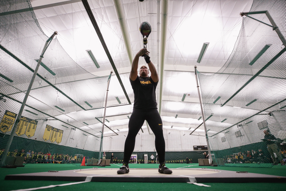 Iowa's Laulauga Tausaga sets a school record in the weight throw Friday, January 11, 2019 at the Hawkeye Tennis and Recreation Center. Tausaga set the new mark with a throw of 20.67m, 67-9 3/4. (Brian Ray/hawkeyesports.com)