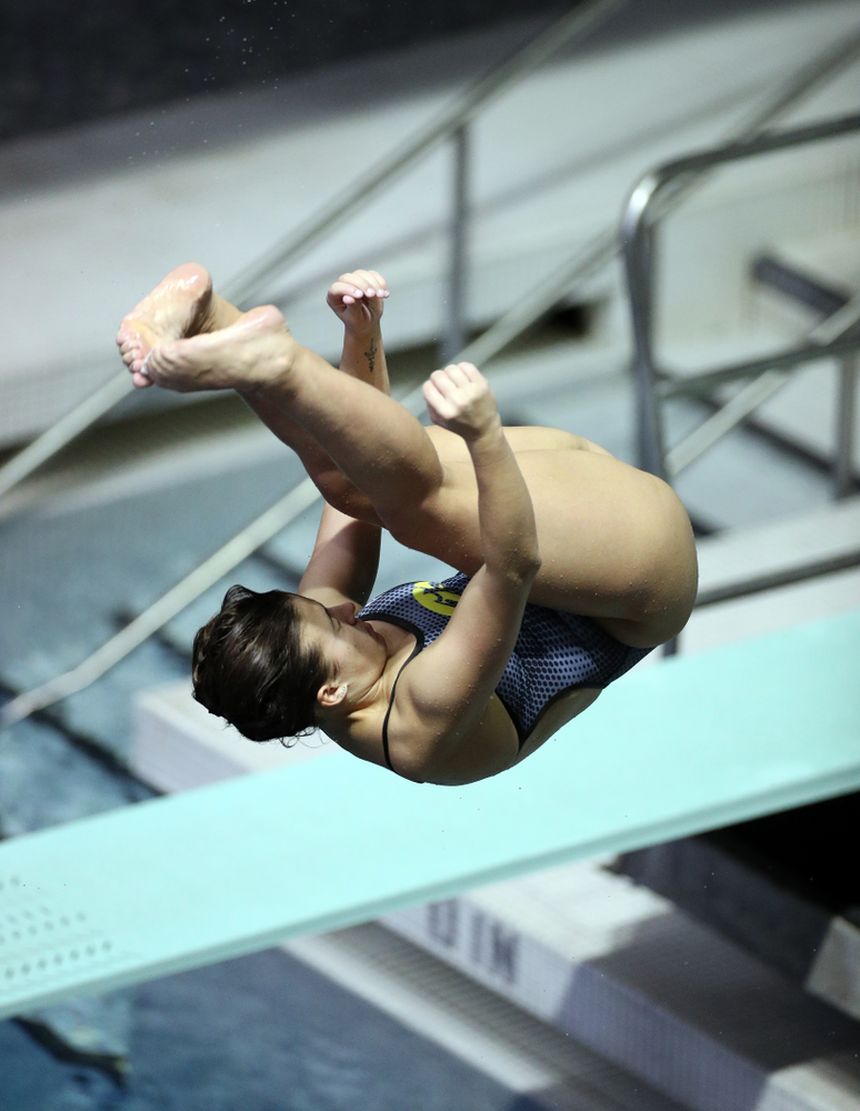 IowaÕs Jayah Mathews competes on the 1-meter springboard against the Michigan Wolverines Friday, November 1, 2019 at the Campus Recreation and Wellness Center. (Brian Ray/hawkeyesports.com)