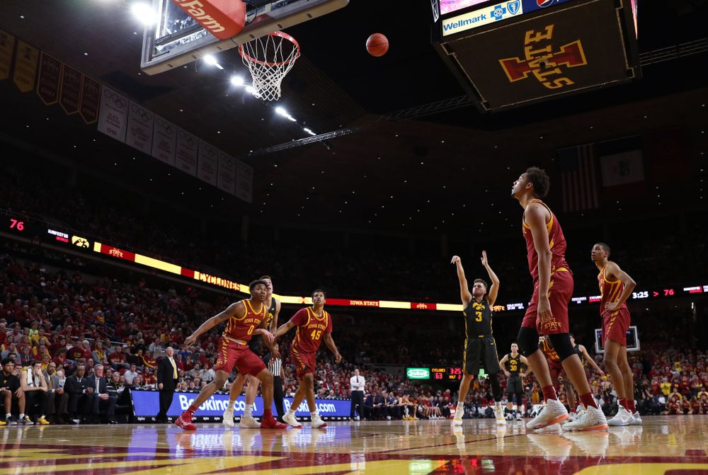 Iowa Hawkeyes guard Jordan Bohannon (3) shoots free throws late in the game against the Iowa State Cyclones Thursday, December 12, 2019 at Hilton Coliseum in Ames, Iowa(Brian Ray/hawkeyesports.com)