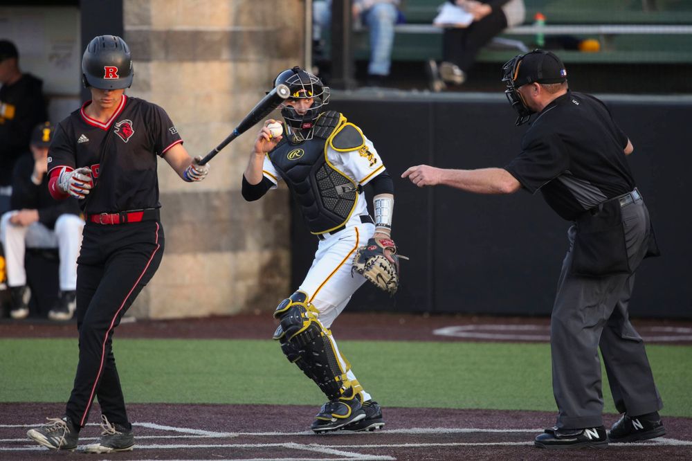 Iowa catcher Austin Martin at game 1 vs Rutgers on Friday, April 5, 2019 at Duane Banks Field. (Lily Smith/hawkeyesports.com)
