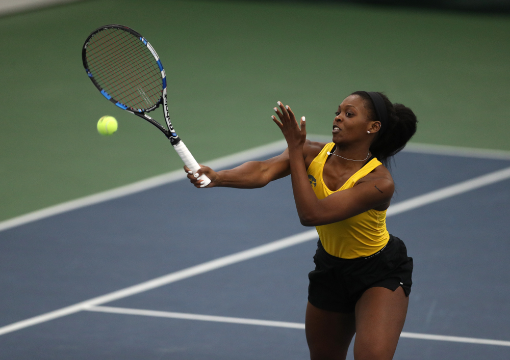 Iowa's Adorabol Huckleby against the Iowa State Cyclones Friday, February 8, 2019 at the Hawkeye Tennis and Recreation Complex. (Brian Ray/hawkeyesports.com)
