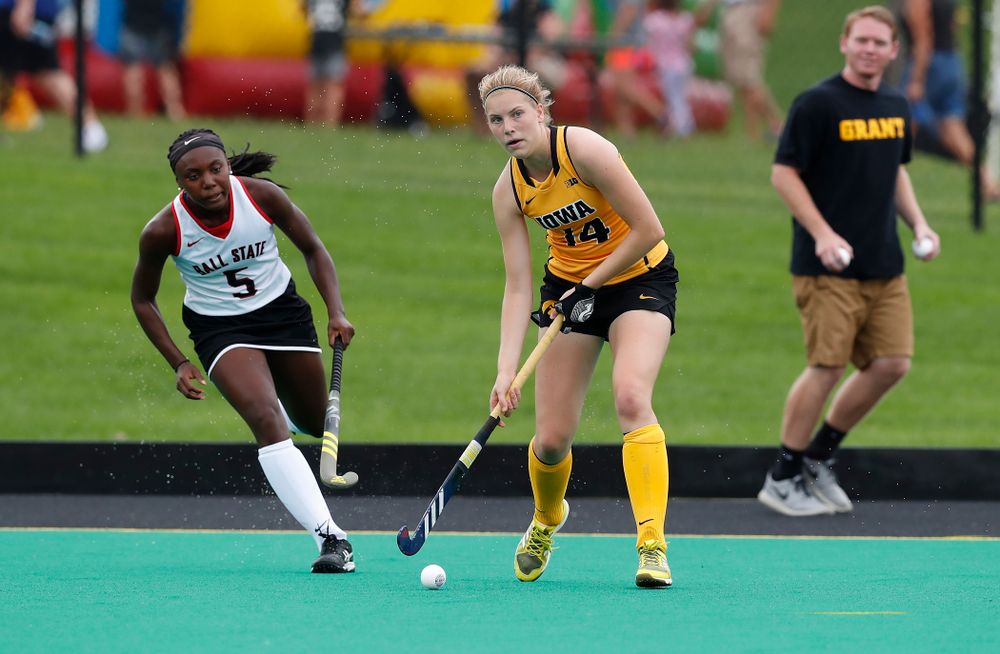 Iowa Hawkeyes Lokke Stribos (14) against Ball State Sunday, September 2, 2018 at Grant Field. (Brian Ray/hawkeyesports.com)