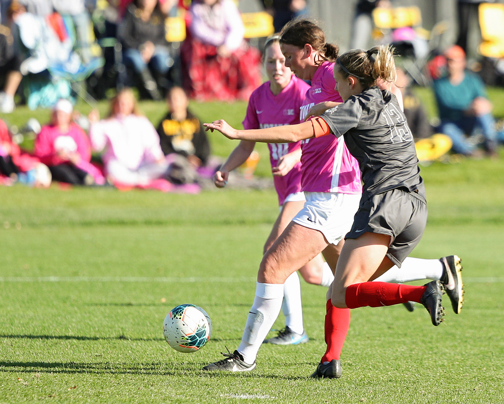 Iowa forward Samantha Tawharu (27) scores the game winning golden goal during the second overtime of their match at the Iowa Soccer Complex in Iowa City on Sunday, Oct 27, 2019. (Stephen Mally/hawkeyesports.com)