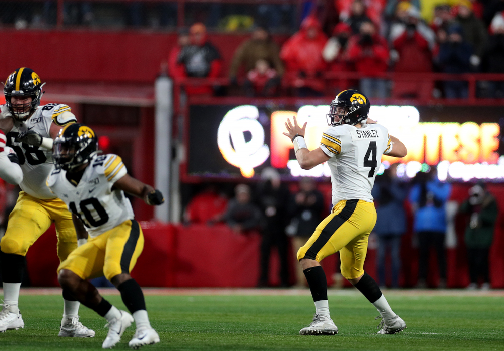 Iowa Hawkeyes quarterback Nate Stanley (4) against the Nebraska Cornhuskers Friday, November 29, 2019 at Memorial Stadium in Lincoln, Neb. (Brian Ray/hawkeyesports.com)