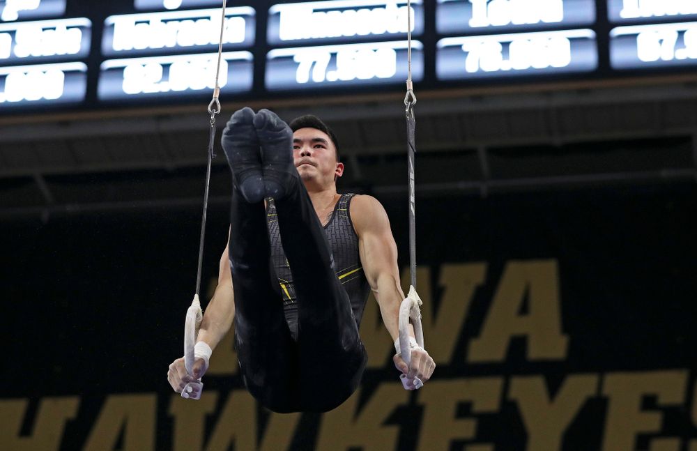 Iowa's Addison Chung competes in the rings during the first day of the Big Ten Men's Gymnastics Championships at Carver-Hawkeye Arena in Iowa City on Friday, Apr. 5, 2019. (Stephen Mally/hawkeyesports.com)