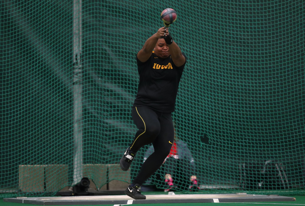 Iowa's Laulauga Tausaga sets a school record in the weight throw Friday, January 11, 2019 at the Hawkeye Tennis and Recreation Center. Tausaga set the new mark with a throw of 20.67m, 67-9 3/4. (Brian Ray/hawkeyesports.com)