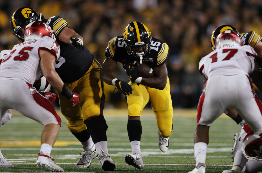 Iowa Hawkeyes running back Tyler Goodson (15) against the Miami RedHawks Saturday, August 31, 2019 at Kinnick Stadium in Iowa City. (Brian Ray/hawkeyesports.com)