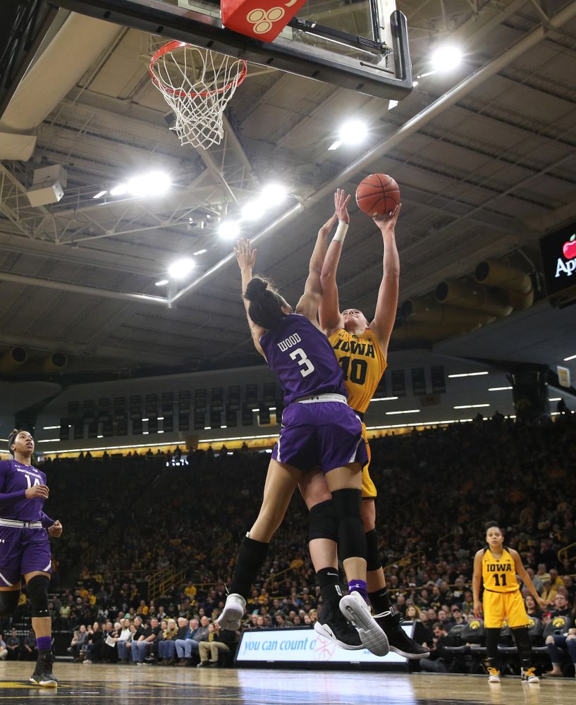 Iowa Hawkeyes forward Megan Gustafson (10) against the Northwestern Wildcats Sunday, March 3, 2019 at Carver-Hawkeye Arena. (Brian Ray/hawkeyesports.com)