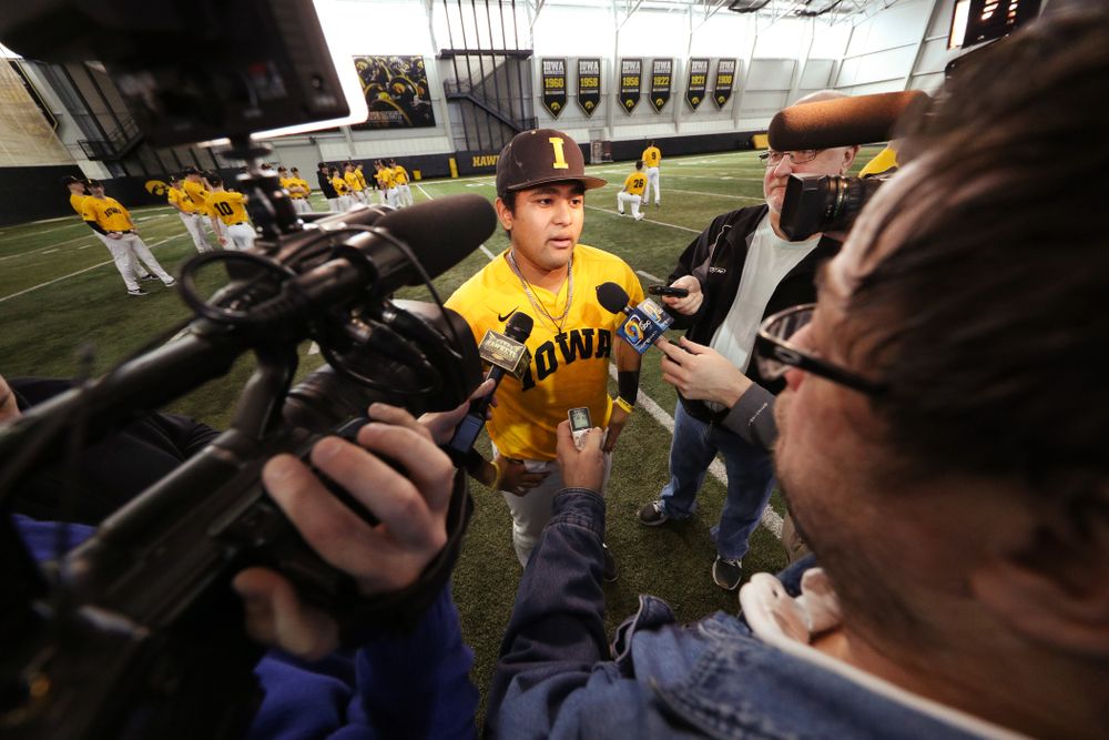 Iowa Hawkeyes infielder Izaya Fullard (20) answers questions from reporters during their annual media day Thursday, February 6, 2020 at the Indoor Practice Facility. (Brian Ray/hawkeyesports.com)