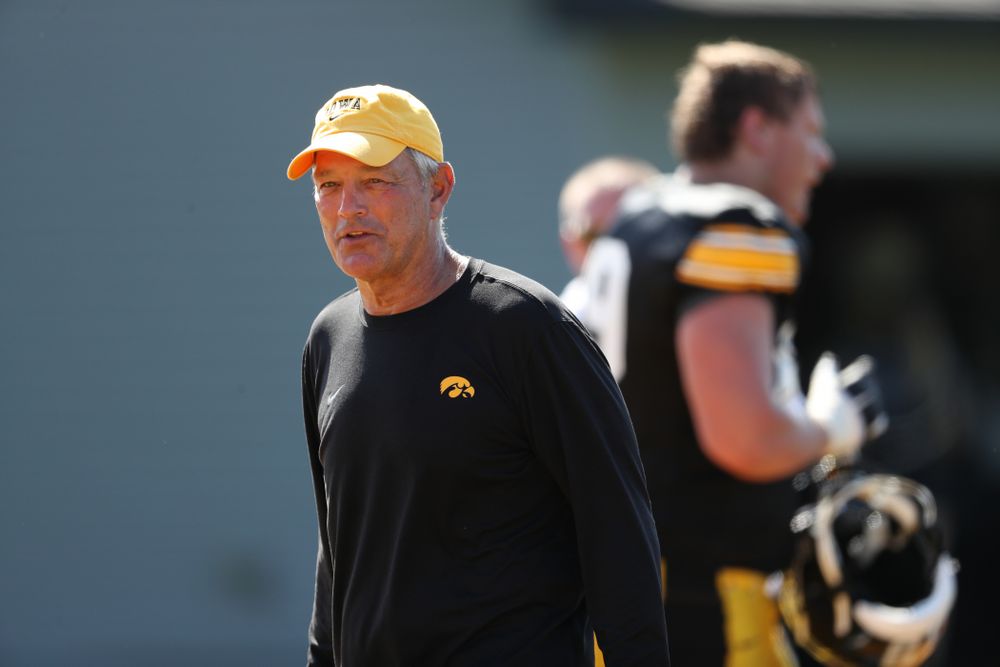 Iowa Hawkeyes head coach Kirk Ferentz during Fall Camp Practice No. 5 Tuesday, August 6, 2019 at the Ronald D. and Margaret L. Kenyon Football Practice Facility. (Brian Ray/hawkeyesports.com)