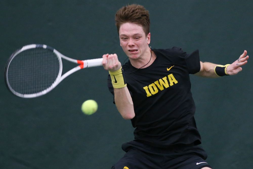 Iowa’s Jason Kerst hits a forehand during the Iowa men’s tennis meet vs VCU on Saturday, February 29, 2020 at the Hawkeye Tennis and Recreation Complex. (Lily Smith/hawkeyesports.com)