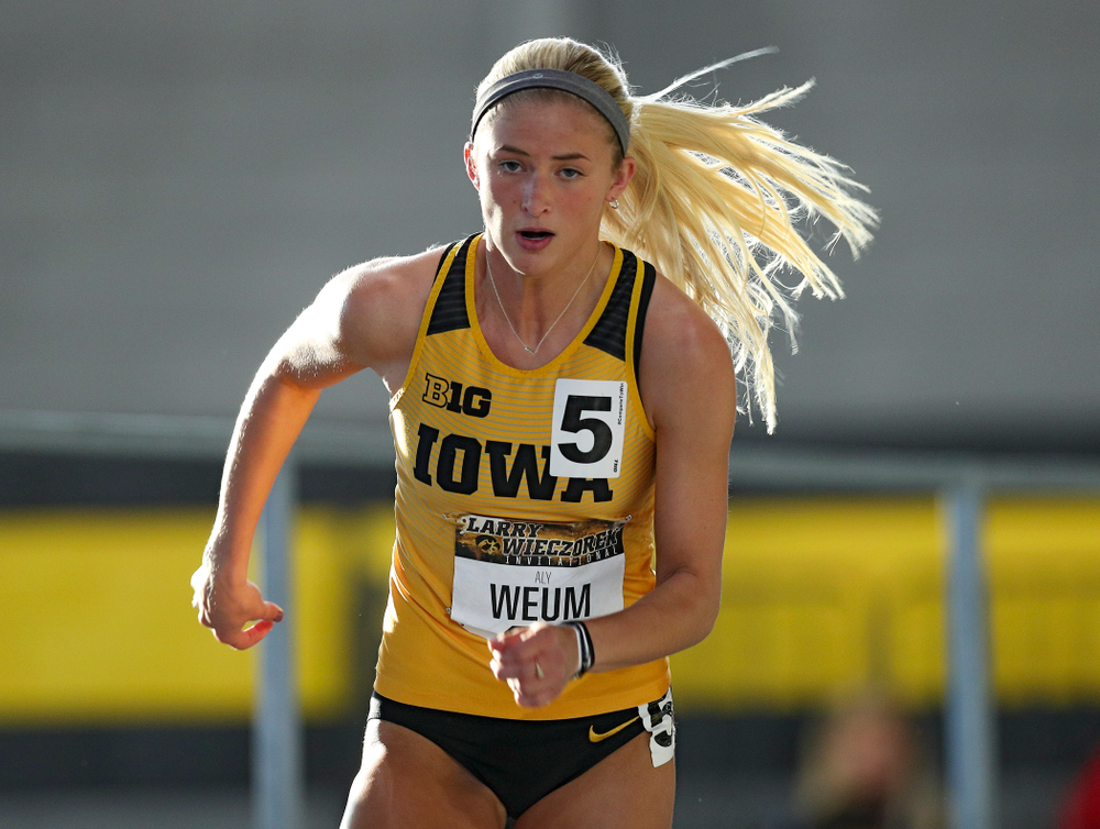 Iowa’s Aly Weum runs the women’s 400 meter dash premier event during the Larry Wieczorek Invitational at the Recreation Building in Iowa City on Saturday, January 18, 2020. (Stephen Mally/hawkeyesports.com)