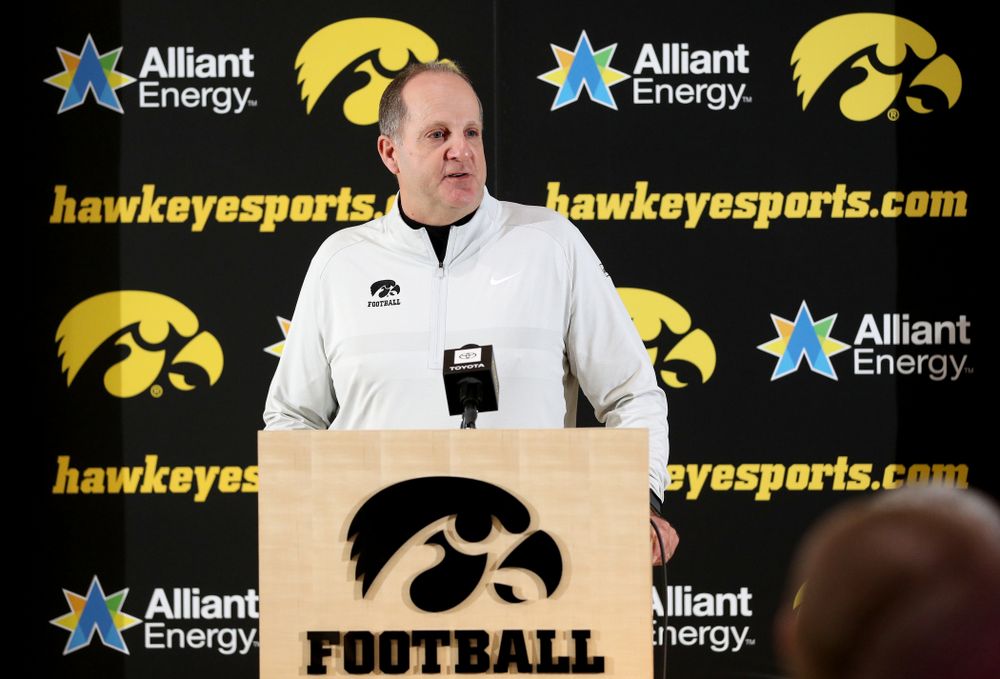 Iowa Hawkeyes defensive coordinator Phil Parker addresses the media on the Hawkeyes selection to face USC in the 2019 Holiday Bowl Sunday, December 8, 2019 at the Hansen Football Performance Center. (Brian Ray/hawkeyesports.com)