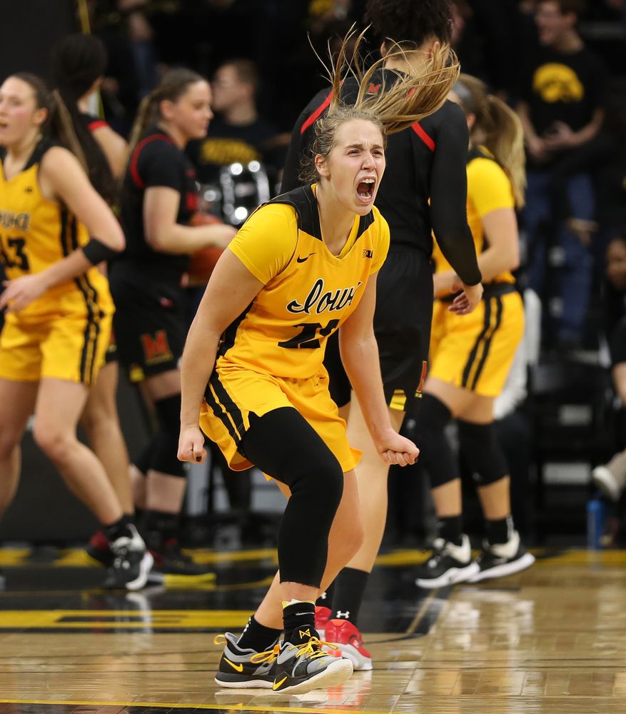 Iowa Hawkeyes guard Kathleen Doyle (22) celebrates following their victory against the Maryland Terrapins Thursday, January 9, 2020 at Carver-Hawkeye Arena. (Brian Ray/hawkeyesports.com)