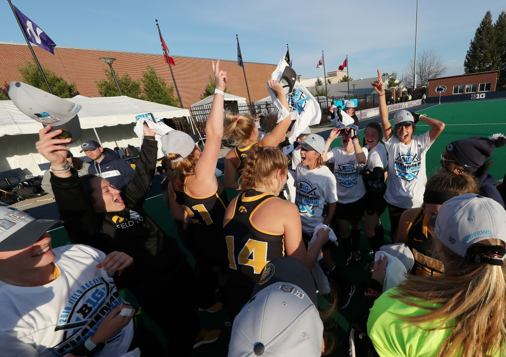 The Iowa Hawkeyes celebrate their victory over Penn State in the 2019 Big Ten Field Hockey Tournament Championship Game Sunday, November 10, 2019 in State College. (Brian Ray/hawkeyesports.com)