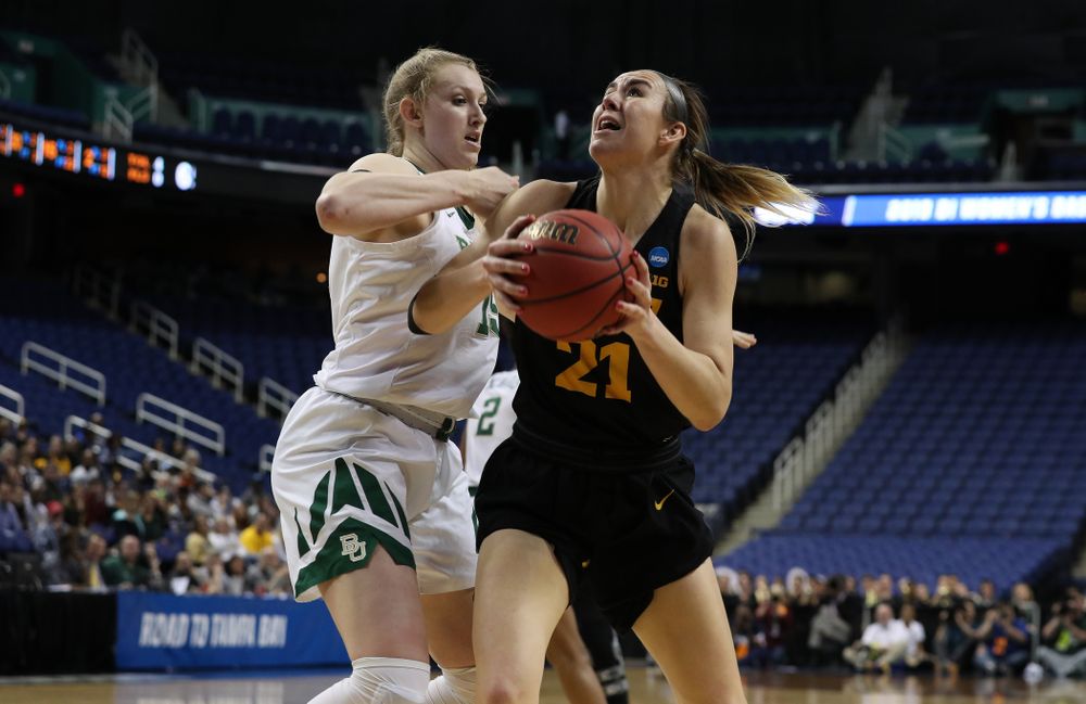 Iowa Hawkeyes forward Hannah Stewart (21) against the Baylor Lady Bears in the regional final of the 2019 NCAA Women's College Basketball Tournament Monday, April 1, 2019 at Greensboro Coliseum in Greensboro, NC.(Brian Ray/hawkeyesports.com)