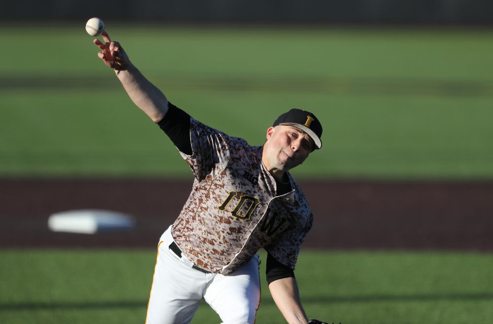 Iowa Hawkeyes Cole McDonald (11) delivers the ball to the plate against the Nebraska Cornhuskers on Military Appreciation Night Friday, April 19, 2019 at Duane Banks Field. (Brian Ray/hawkeyesports.com)