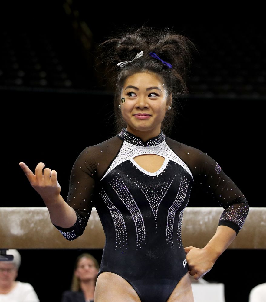Iowa’s Clair Kaji competes on the beam against Michigan State Saturday, February 1, 2020 at Carver-Hawkeye Arena. (Brian Ray/hawkeyesports.com)