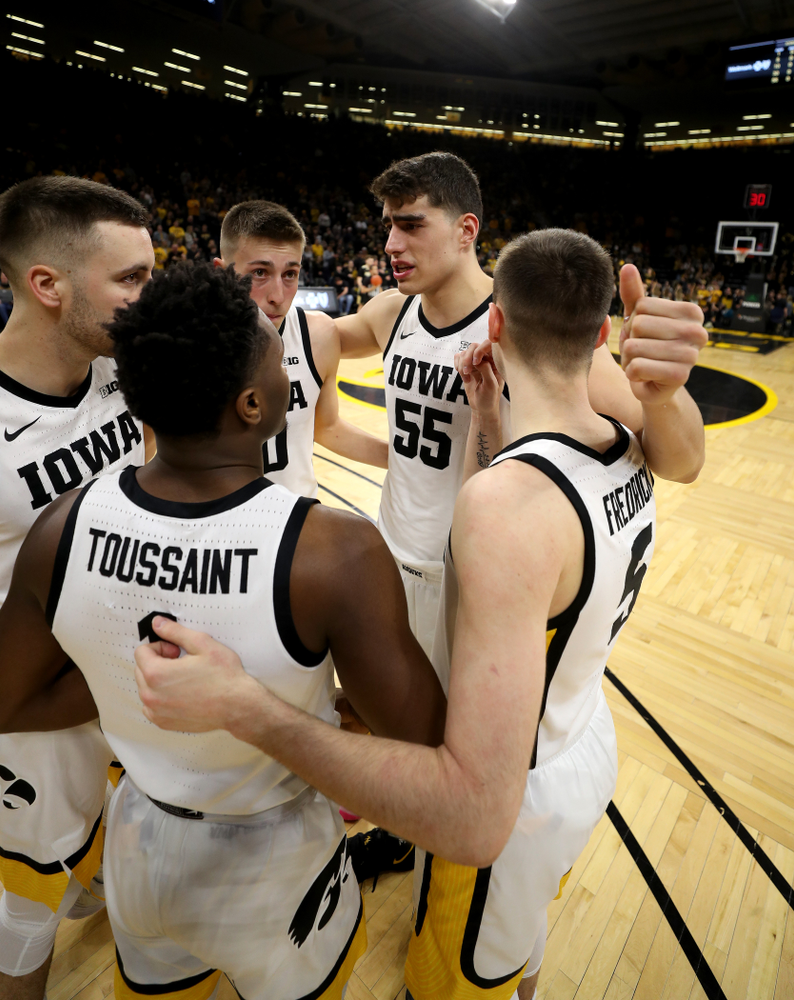 Iowa Hawkeyes forward Luka Garza (55), guard CJ Fredrick (5), guard Joe Toussaint (1), guard Connor McCaffery (30), and guard Joe Wieskamp (10) against the Purdue Boilermakers Tuesday, March 3, 2020 at Carver-Hawkeye Arena. (Brian Ray/hawkeyesports.com)