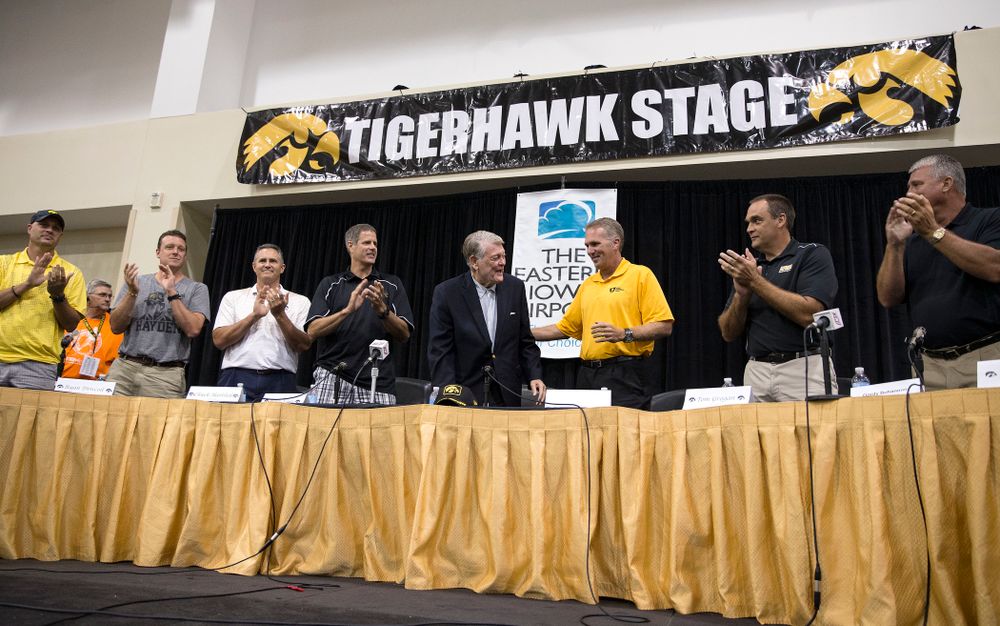 Former Hawkeye Football Head Coach Hayden Fry and some of his quarterbacks are honored following a panel discussion during Fry Fest Friday, Aug. 29, 2014 in Coralville. (Brian Ray/hawkeyesports.com)