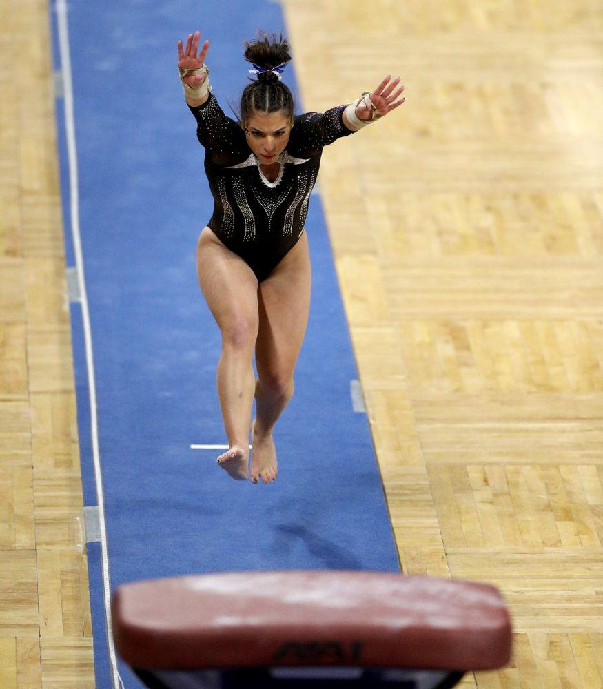 Iowa’s Ariana Agrapides competes on the vault against Michigan State Saturday, February 1, 2020 at Carver-Hawkeye Arena. (Brian Ray/hawkeyesports.com)