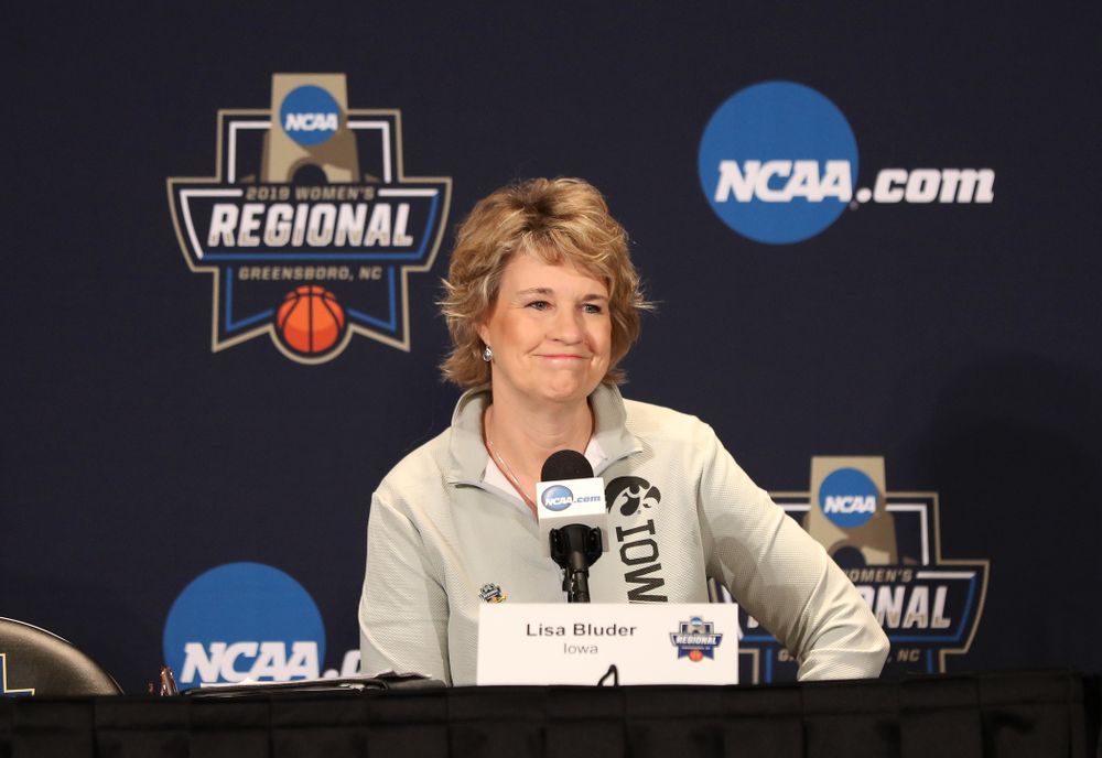 Iowa Hawkeyes head coach Lisa Bluder during media and practice as they prepare for their Sweet 16 matchup against NC State Friday, March 29, 2019 at the Greensboro Coliseum in Greensboro, NC.(Brian Ray/hawkeyesports.com)