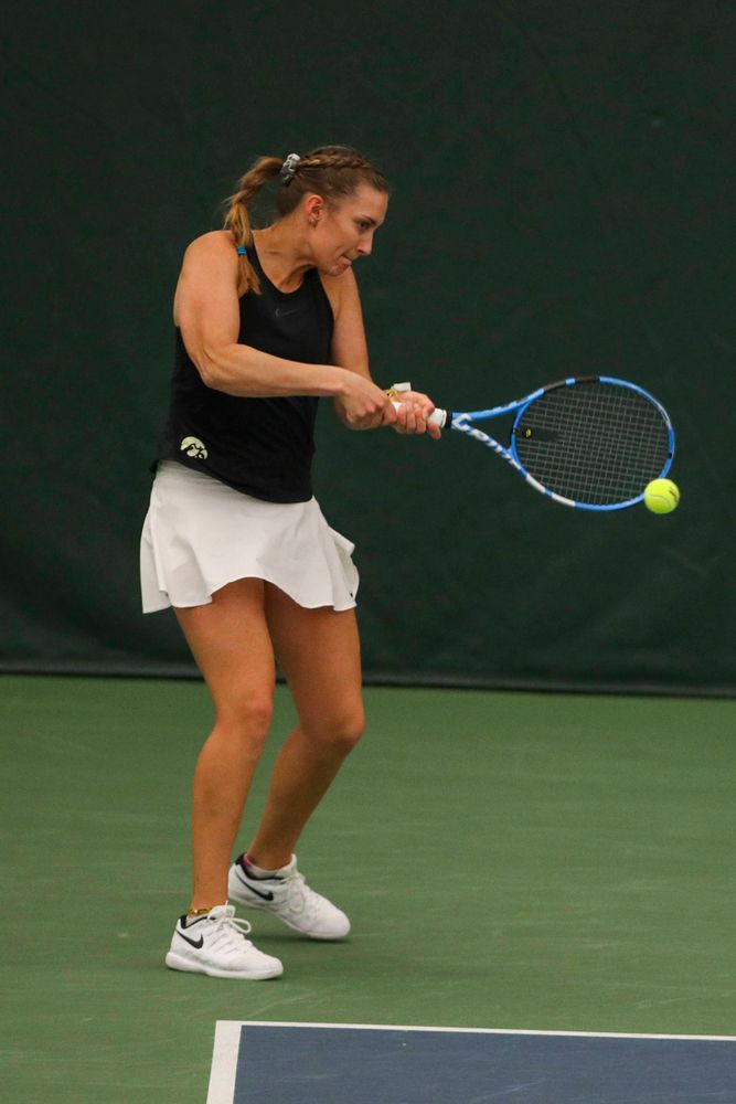 IowaÕs Ashleigh Jacobs at womenÕs tennis senior day vs Nebraska on Saturday, April 13, 2019 at the Hawkeye Tennis and Recreation Complex. (Lily Smith/hawkeyesports.com)