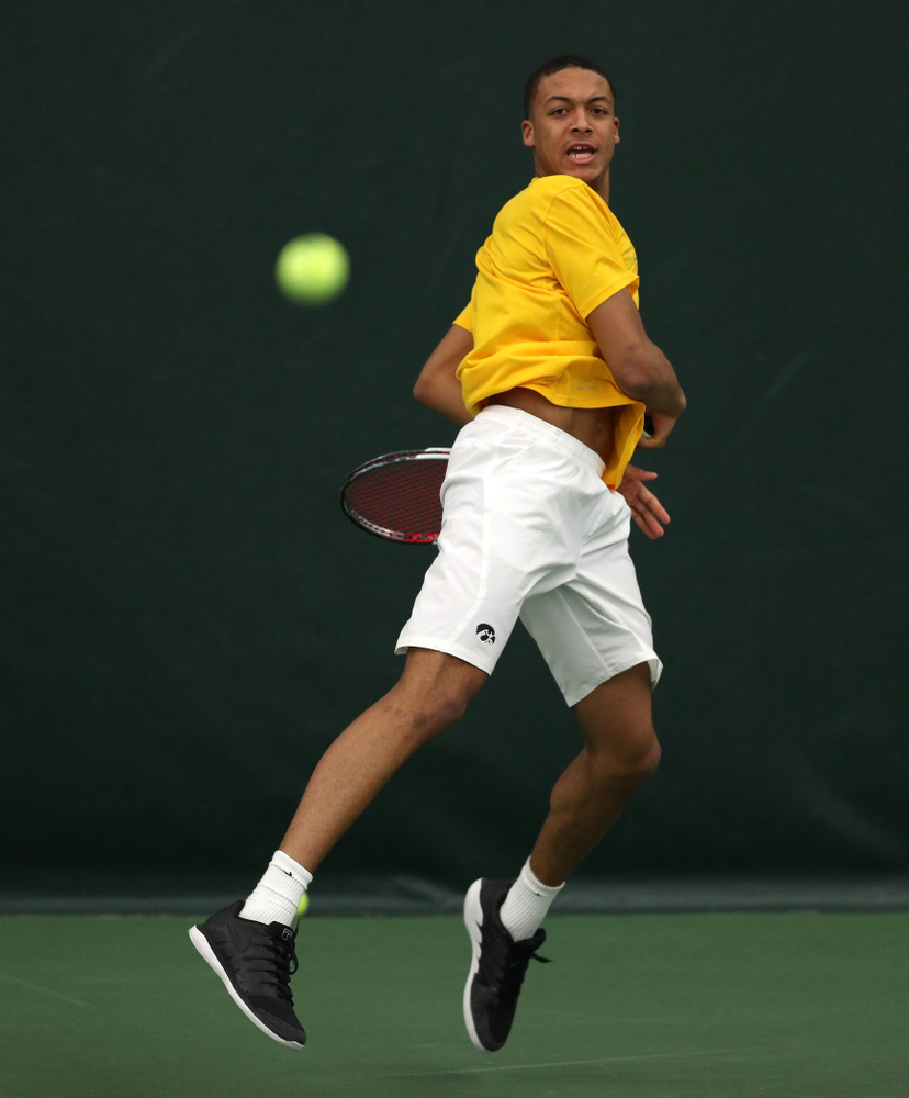 Oliver Okonkwo against Utah Sunday, February 10, 2019 at the Hawkeye Tennis and Recreation Complex. (Brian Ray/hawkeyesports.com)