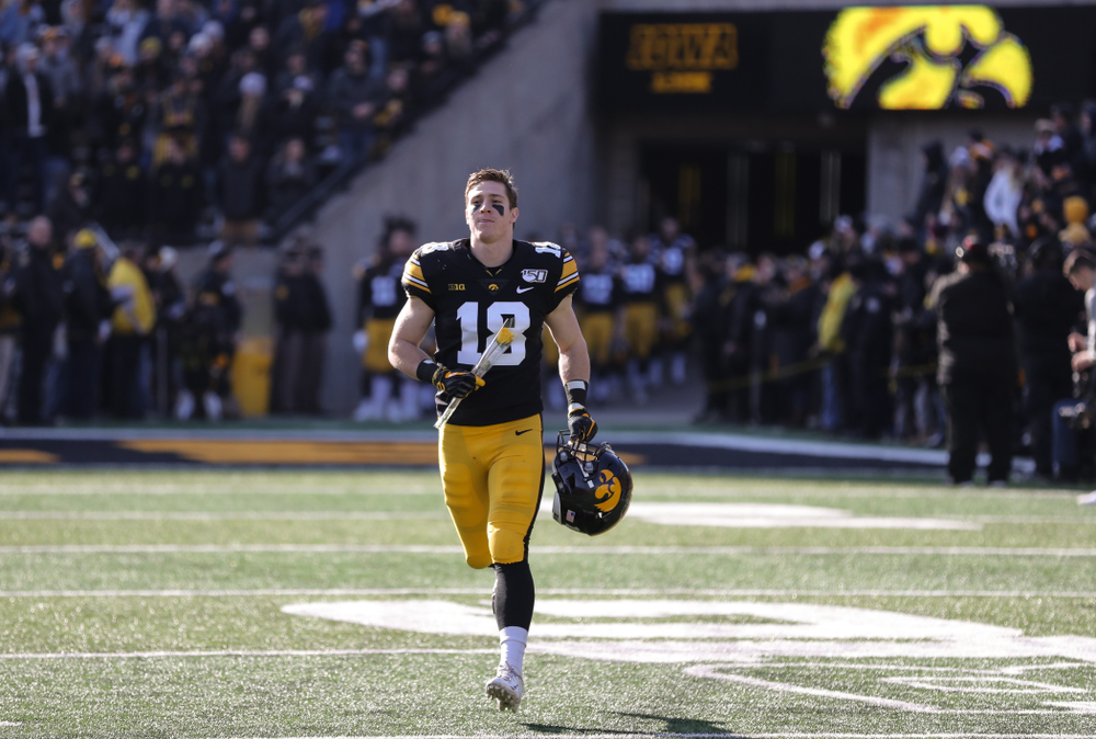 Iowa Hawkeyes defensive back John Milani (18) during Senior Day festivities before their game against the Illinois Fighting Illini Saturday, November 23, 2019 at Kinnick Stadium. (Brian Ray/hawkeyesports.com)