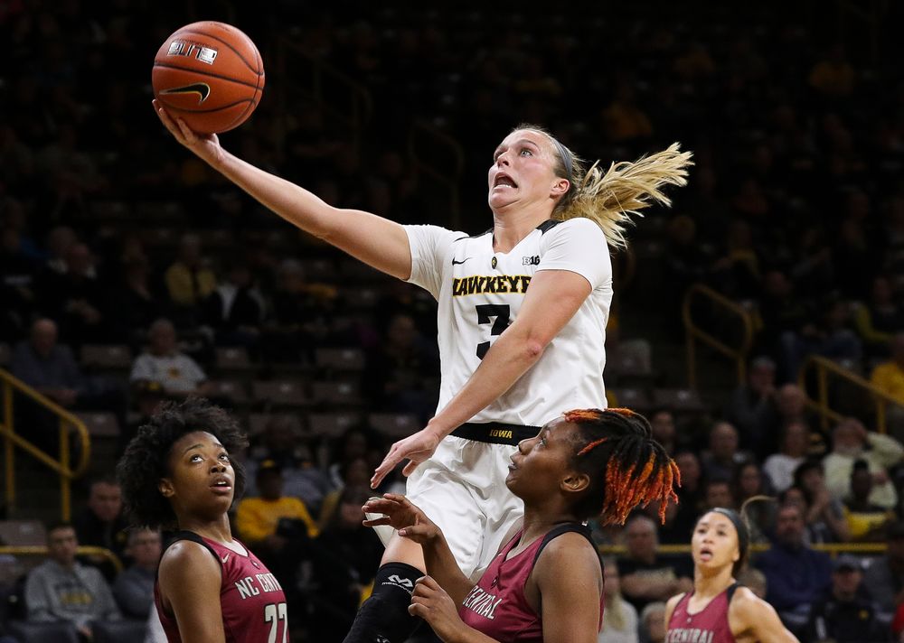 Iowa Hawkeyes guard Makenzie Meyer (3) goes up for a layup during a game against North Carolina Central at Carver-Hawkeye Arena on November 17, 2018. (Tork Mason/hawkeyesports.com)