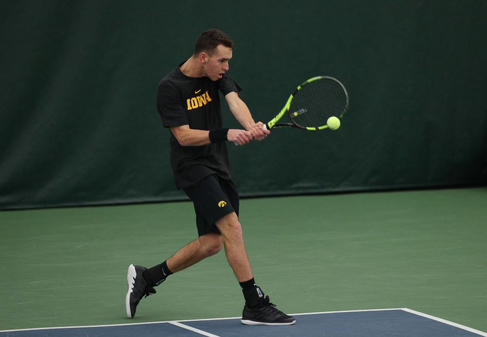 Iowa's Kareem Allaf against UMKC Friday, February 15, 2019 at the Hawkeye Tennis and Recreation Complex. (Brian Ray/hawkeyesports.com)