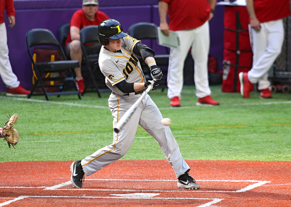 Iowa Hawkeyes utility player Sam Link (3) bats during the seventh inning of their CambriaCollegeClassic game at U.S. Bank Stadium in Minneapolis, Minn. on Friday, February 28, 2020. (Stephen Mally/hawkeyesports.com)